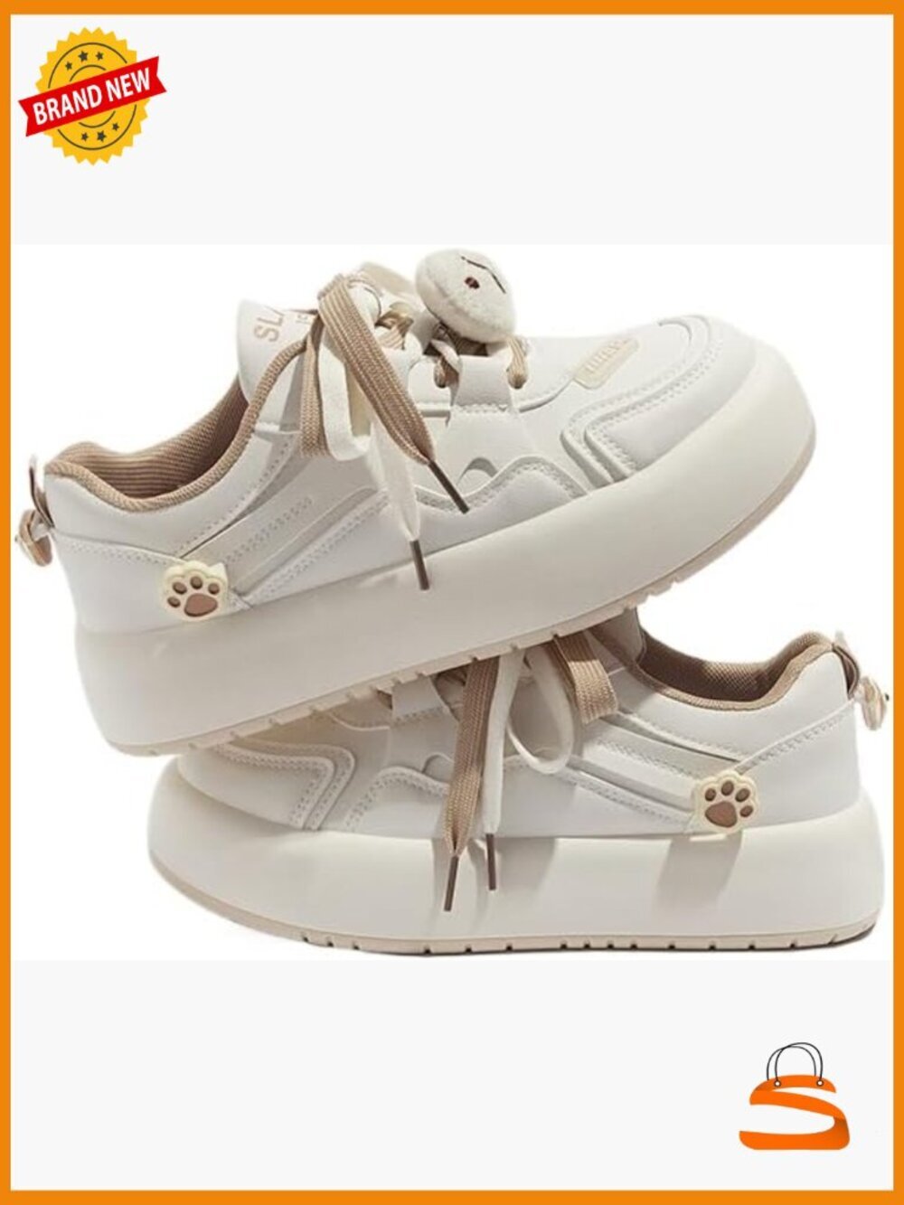 Y2K Platform Khaki White Walking Sneakers Cute Cartoon Fish Bear Lace Up Shoes